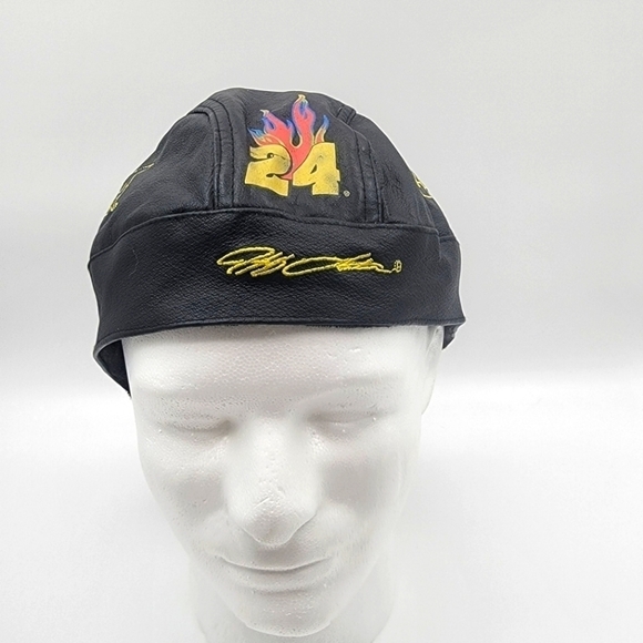 NASCAR WINNERS CIRCLE JEFF GORDON #24 BLACK LEATHER SKULL CAP HAT FLAMES - Picture 1 of 8